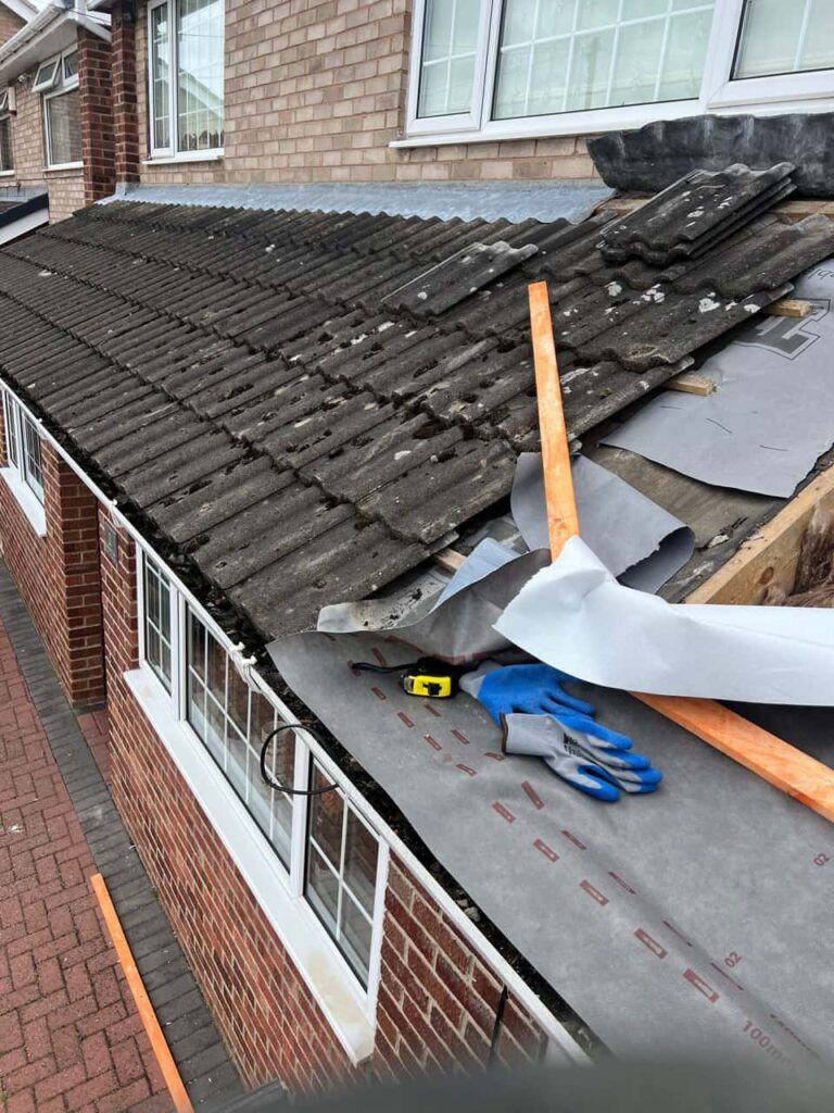 This is a photo of a pitched roof which is being repaired. The existing roof was leaking badly. Works carried out by Horley Roofing Repairs